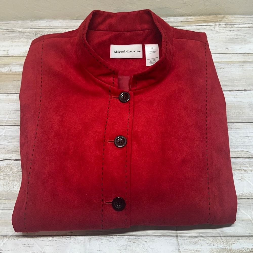 Alfred Dunner Red Faux Suede Mandarin Collar‎ Button Front Jacket Women size 18